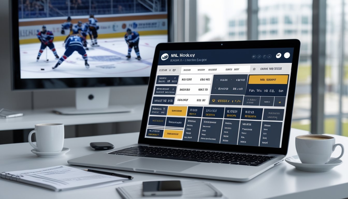 Seseorang sedang menganalisis taruhan NHL dengan laptop yang menampilkan statistik dan odds, di meja yang rapi dengan secangkir kopi dan latar belakang pertandingan hoki di layar televisi.