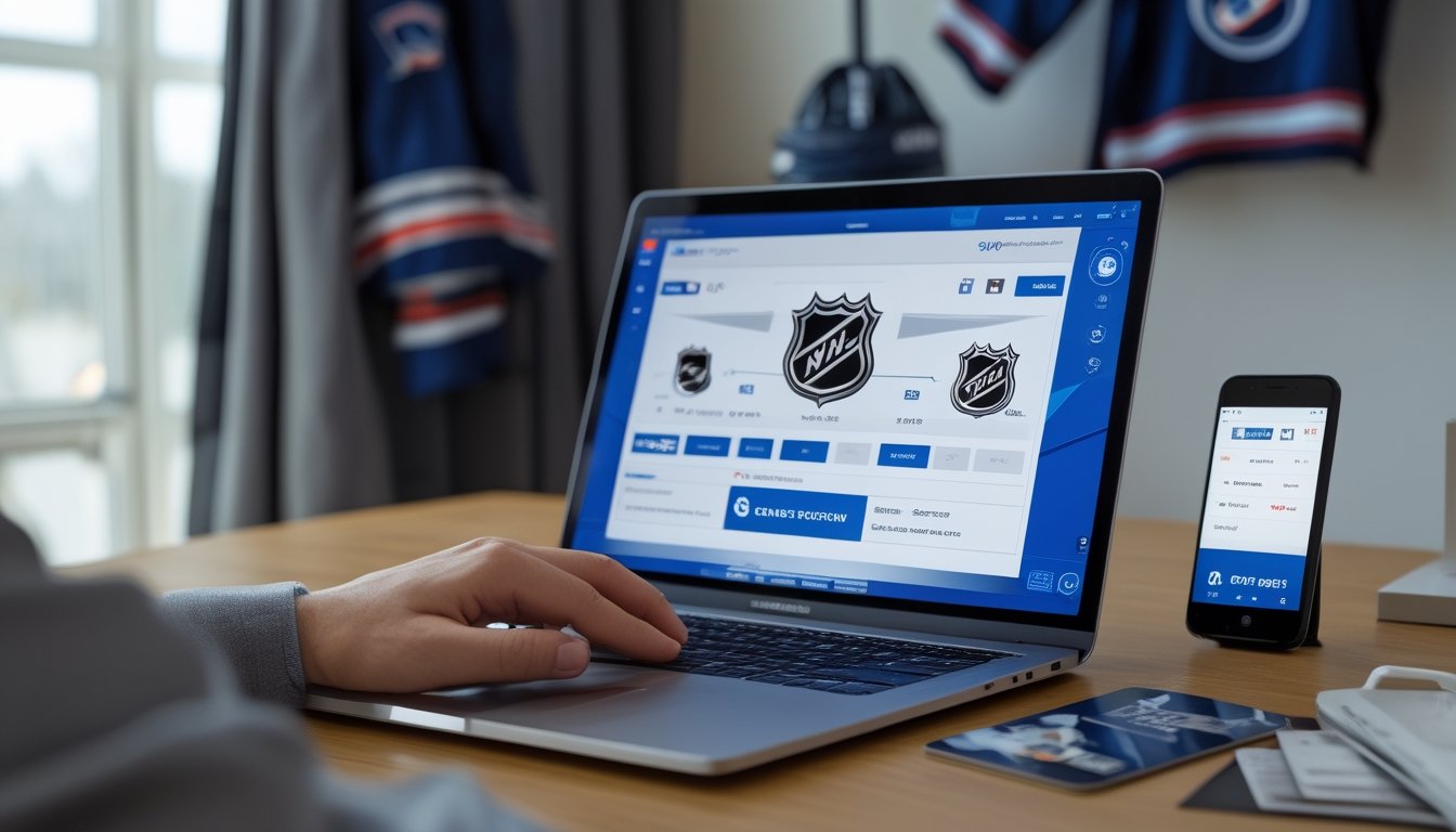 Seseorang menggunakan laptop dengan platform taruhan hoki es online dan perangkat pembayaran di meja kerja.