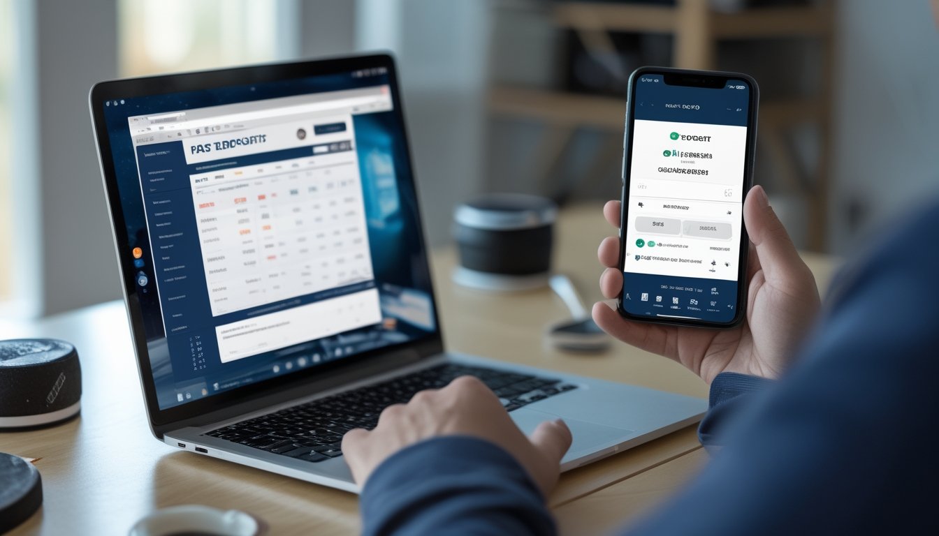 Seseorang menggunakan laptop dan ponsel untuk memasang taruhan NHL online dengan sistem deposit cepat di ruang kerja yang rapi.