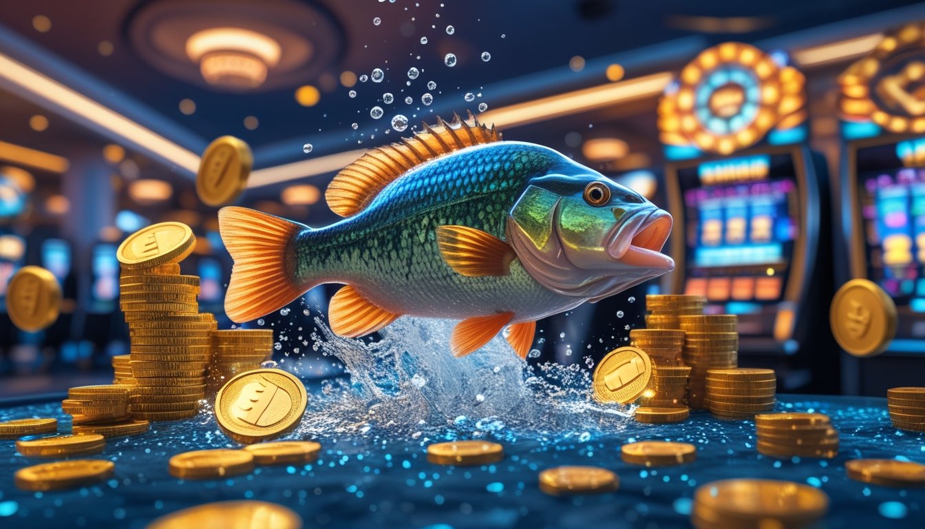 Ikan bass besar melompat dari air berkilau dengan tumpukan koin emas dan simbol jackpot di latar belakang kasino modern.