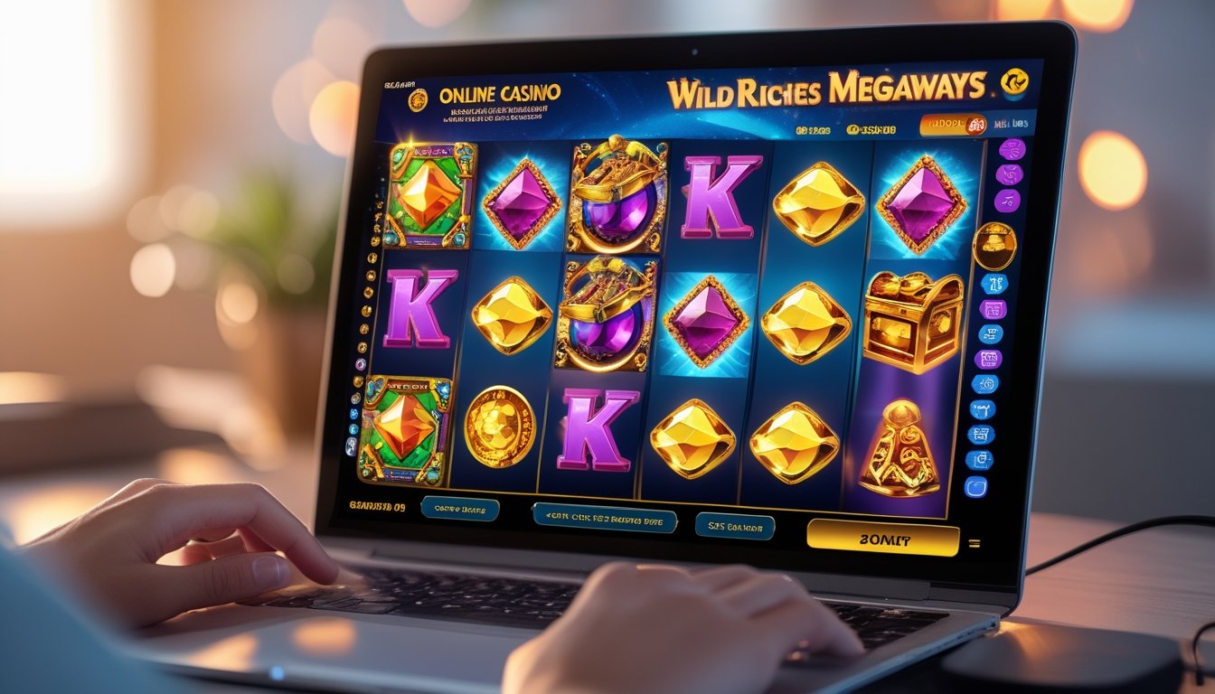 Orang sedang bermain permainan slot online dengan layar komputer yang menampilkan simbol koin emas dan harta karun di lingkungan kasino modern.