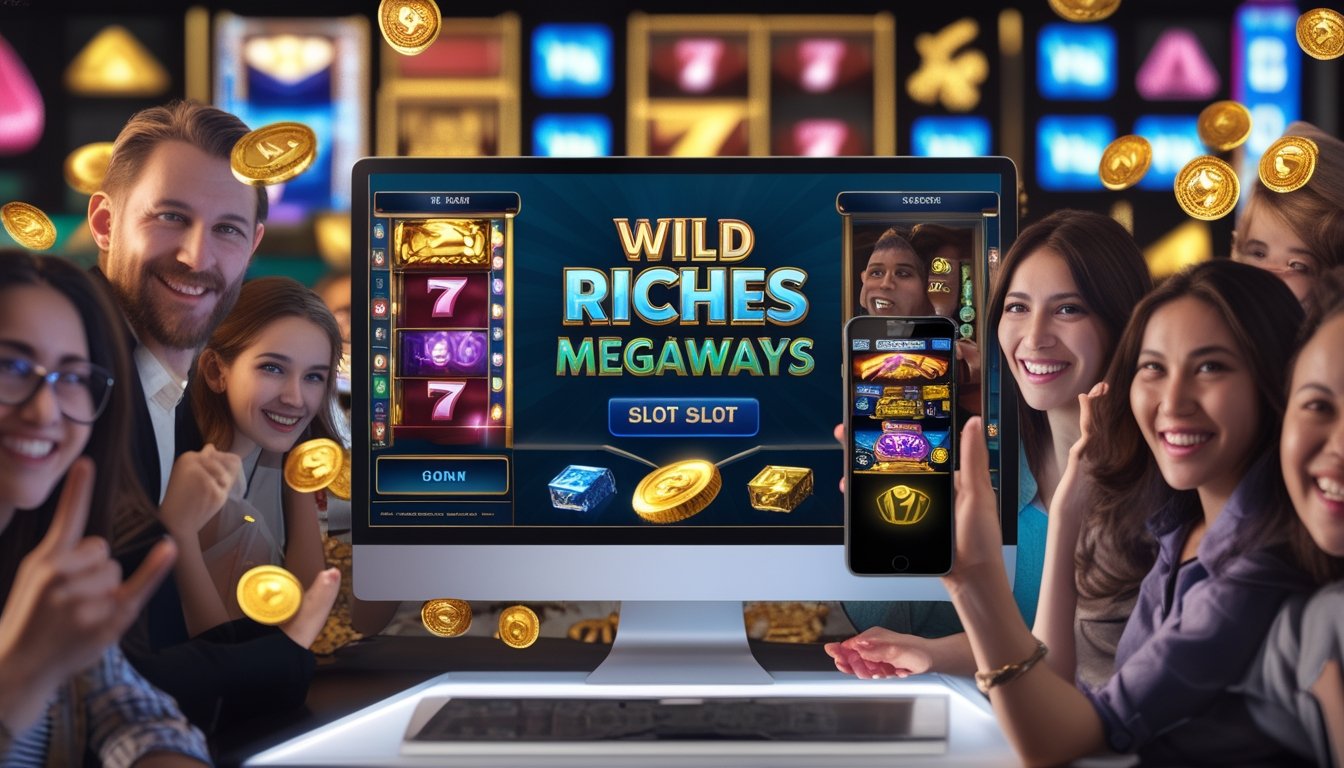 Orang-orang bermain game slot online dengan layar komputer dan ponsel yang menampilkan simbol keberuntungan dan koin emas di latar belakang.
