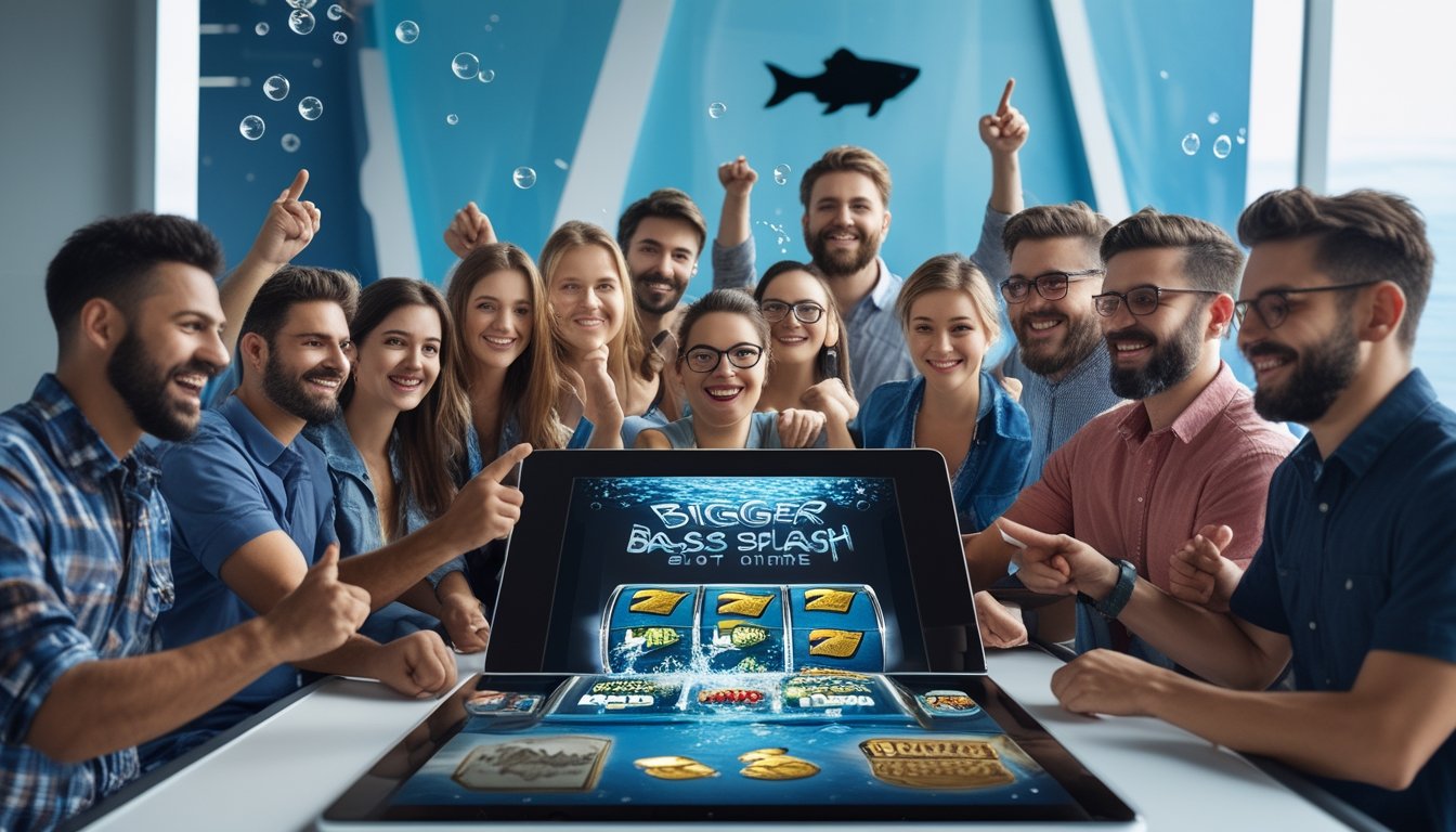 Sekelompok pemain beragam usia dan latar belakang sedang bermain mesin slot digital dengan tema ikan dan air, menunjukkan ekspresi antusias dan fokus.