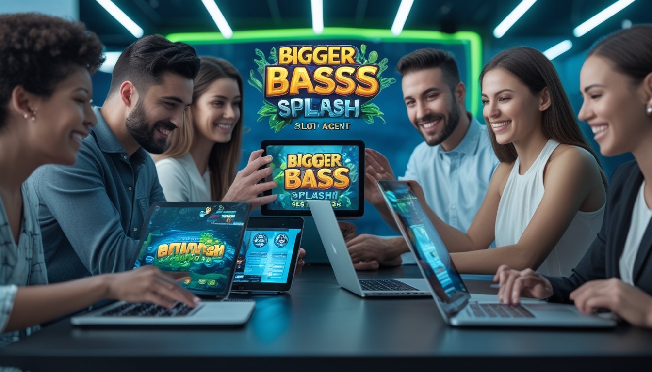 Sekelompok orang beragam menggunakan perangkat digital dengan antarmuka permainan slot bertema bawah laut, menunjukkan interaksi dan kegembiraan dalam bermain.