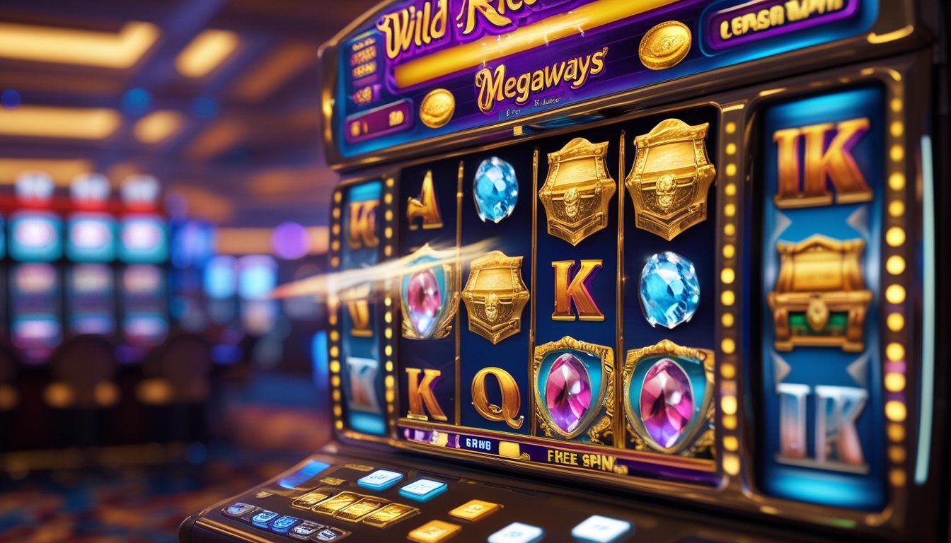 Mesin slot berwarna-warni dengan simbol koin emas dan harta karun yang berputar di dalam kasino yang mewah.