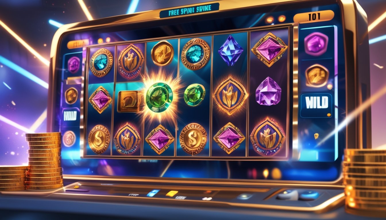 Tampilan mesin slot berwarna-warni dengan simbol wild, koin emas, dan efek cahaya yang menunjukkan fitur putaran gratis dan kemenangan.