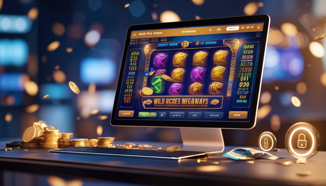 Seseorang sedang bermain permainan slot Wild Riches Megaways di layar komputer dengan latar belakang yang hangat dan elemen simbol keamanan dan kecepatan.