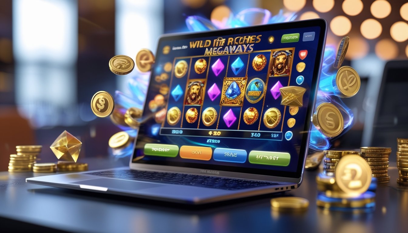 Seorang pengguna sedang bermain permainan slot Wild Riches Megaways di komputer dengan simbol koin emas dan permata, dikelilingi ikon pembayaran digital yang menunjukkan proses deposit cepat.