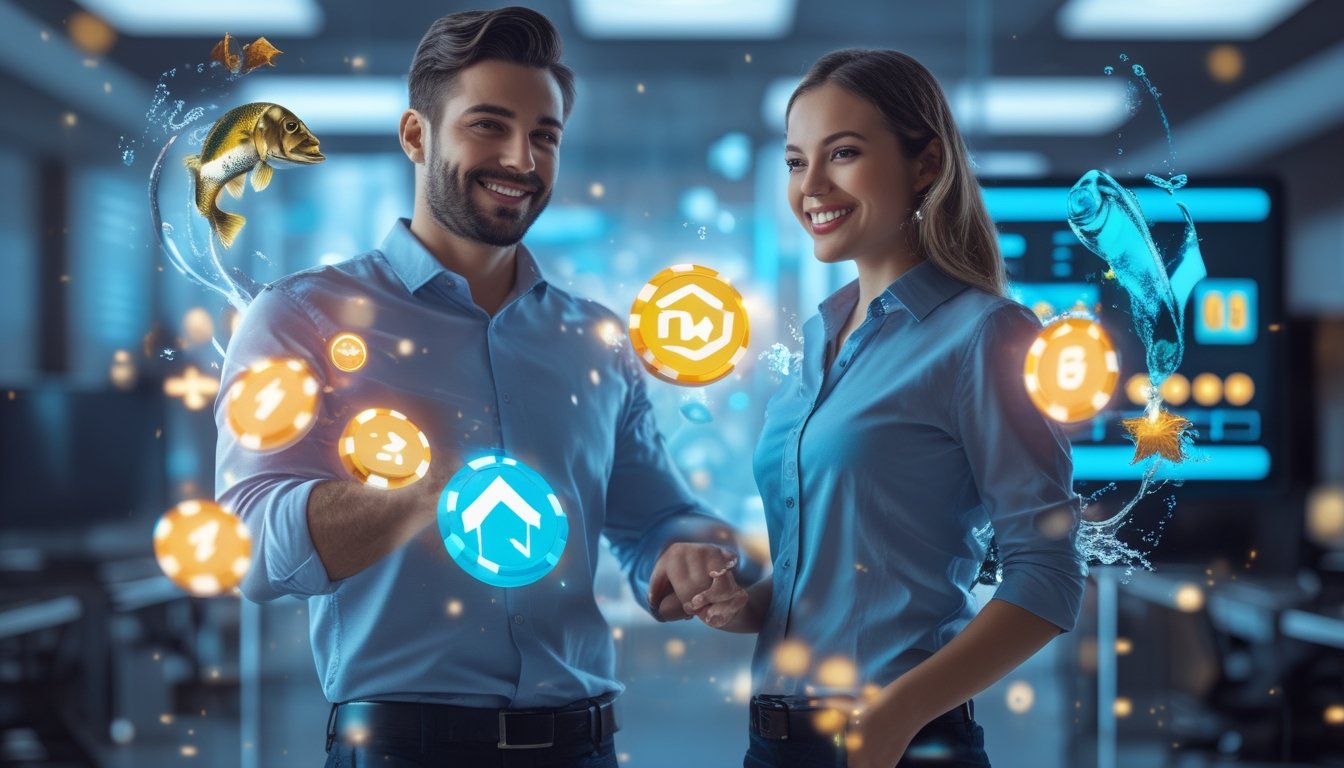 Dua agen game profesional sedang berdiri dan tersenyum di kantor modern dengan latar belakang elemen permainan digital dan efek cipratan air.