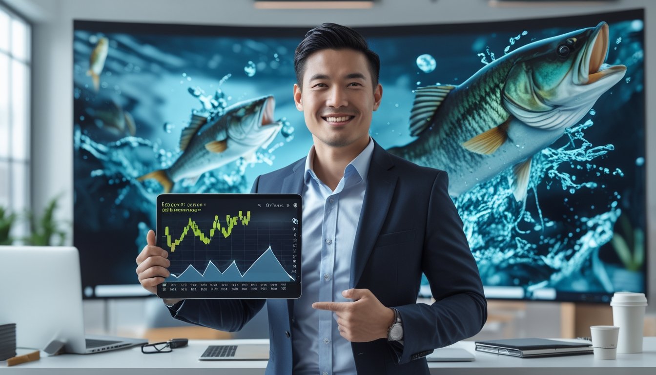 Seorang agen percaya diri berdiri di kantor modern dengan tablet yang menampilkan grafik, latar belakang layar digital menampilkan ikan bass besar yang melompat di air.