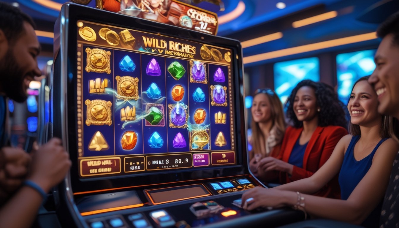 Seorang pemain yang fokus menikmati permainan mesin slot dengan simbol warna-warni di kasino yang terang dan modern.