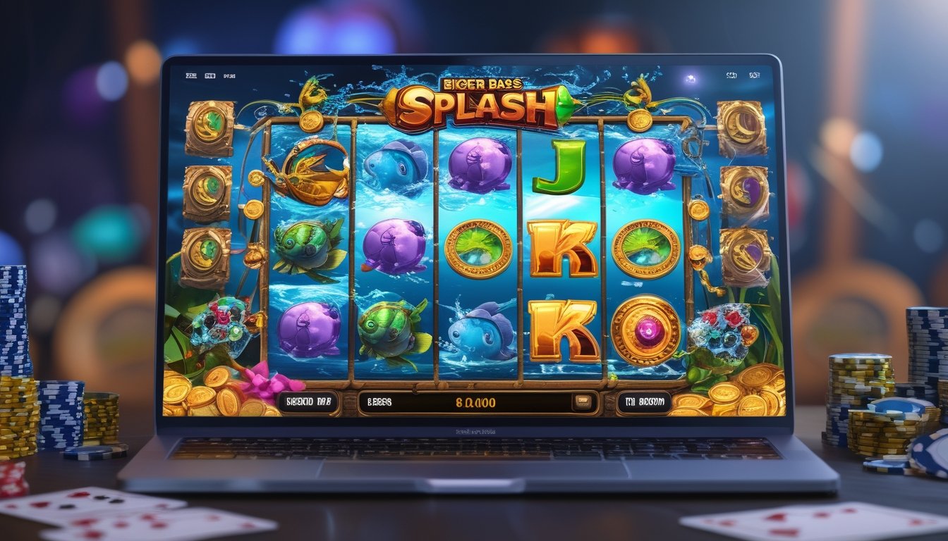 Layar komputer menampilkan permainan slot online dengan tema ikan dan harta karun, dikelilingi oleh koin emas dan alat judi.