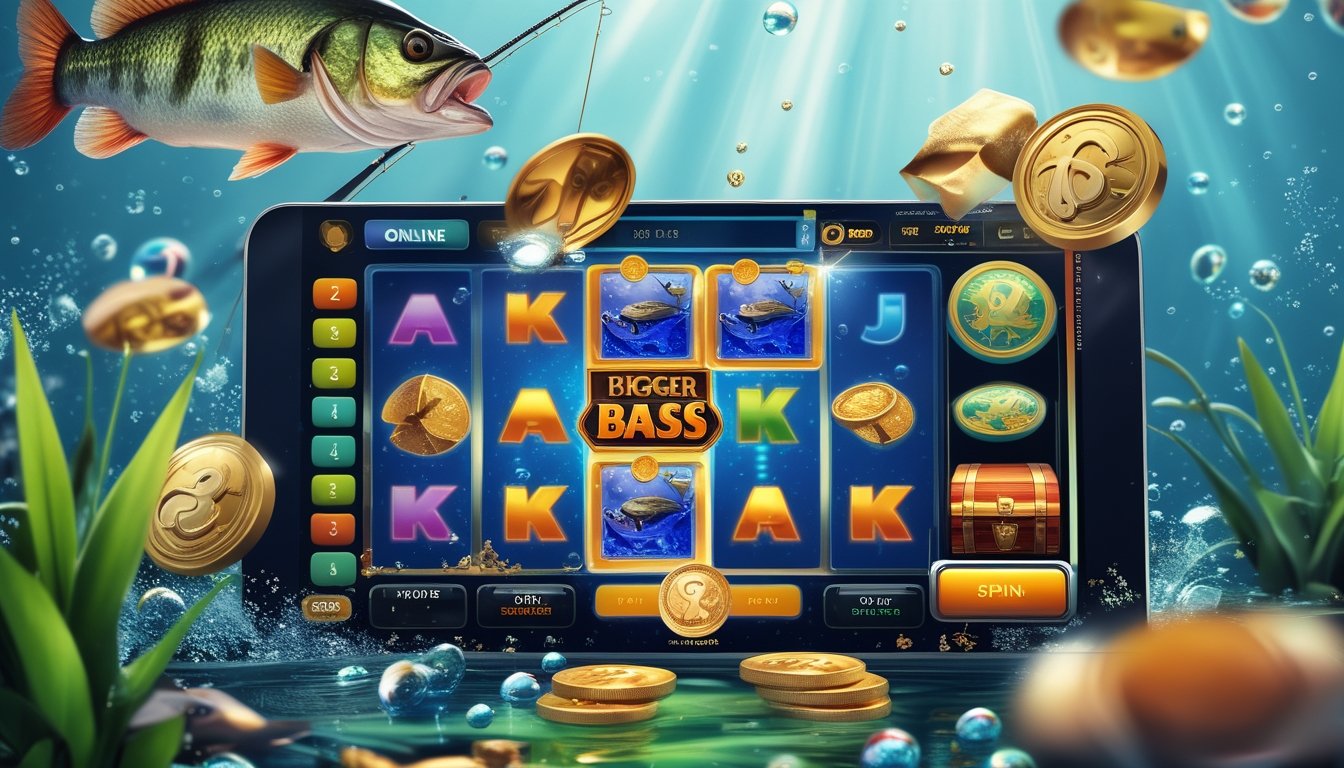 Tampilan antarmuka mesin slot online dengan simbol ikan bass, koin emas, dan harta karun di latar bawah laut yang penuh gelembung dan tanaman air.