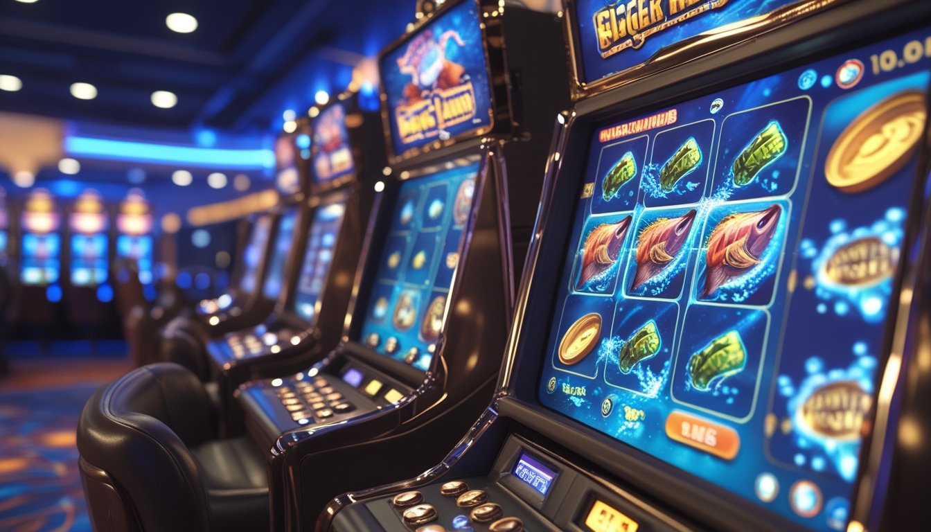 Suasana kasino dengan mesin slot bertema ikan besar dan harta karun, menampilkan simbol air, koin emas, dan permata yang bersinar.