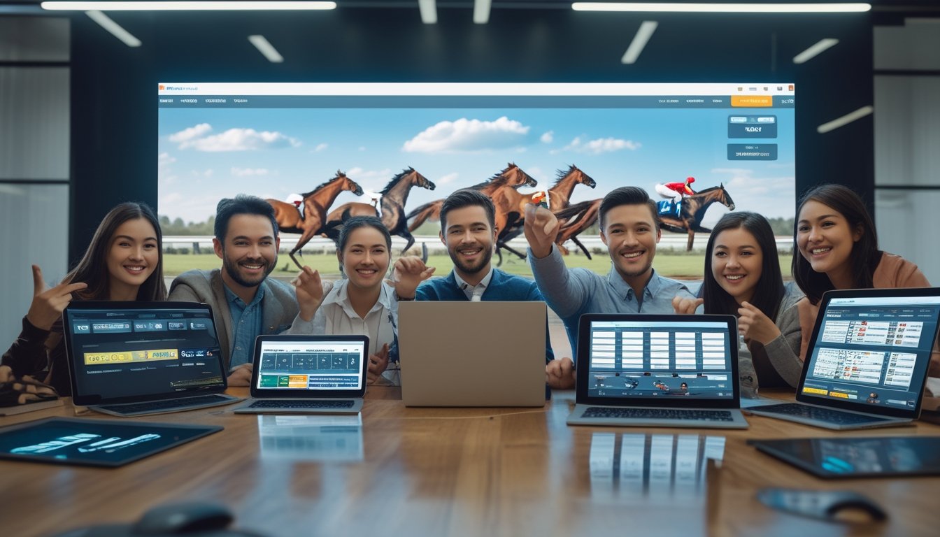 Beberapa orang sedang menggunakan perangkat digital untuk bertaruh pada pacuan kuda secara online dengan latar belakang layar besar yang menampilkan balapan kuda.