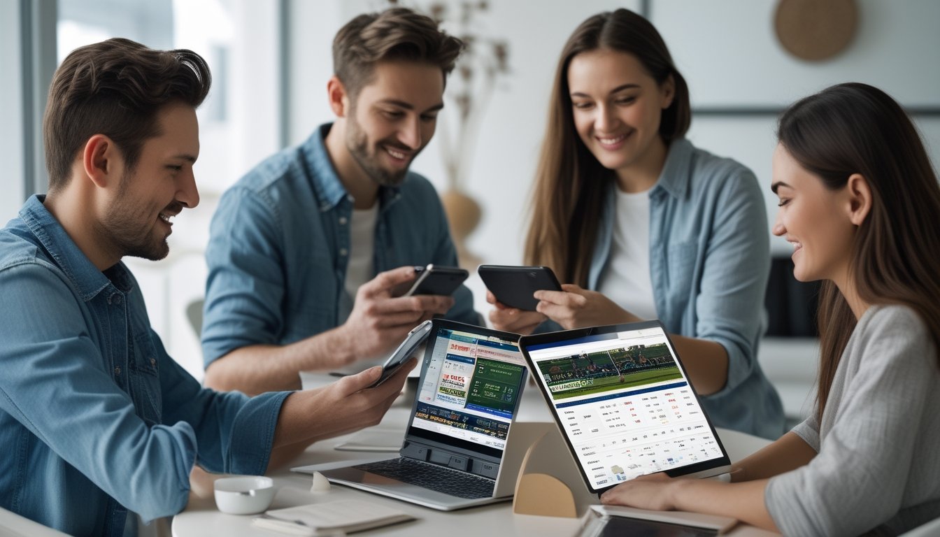 Beberapa orang menggunakan perangkat digital untuk bertaruh pada pacuan kuda secara online di lingkungan yang nyaman.