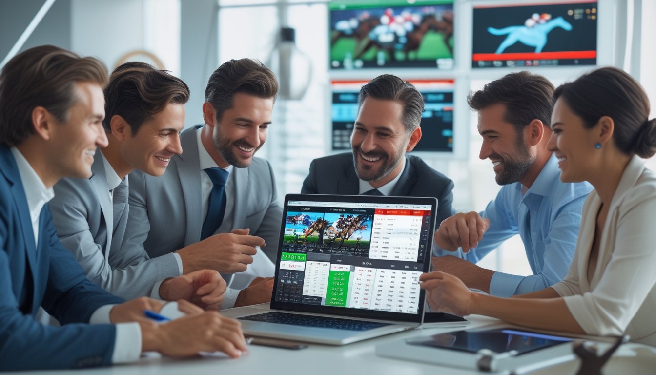 Sekelompok orang dewasa sedang menggunakan perangkat digital untuk bertaruh pacuan kuda secara online dengan tampilan grafik dan odds pada layar.