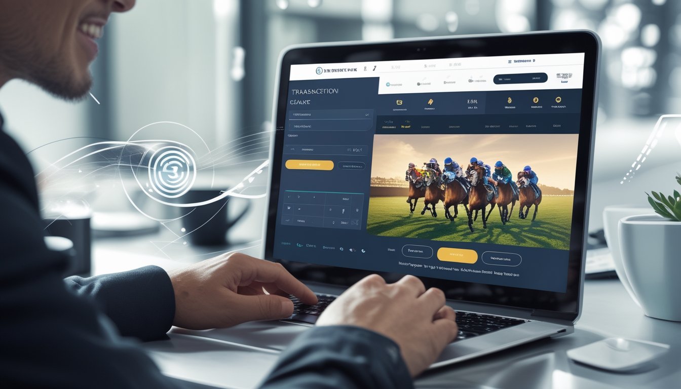 Seseorang menggunakan perangkat digital untuk memasang taruhan pacuan kuda online dengan latar belakang simbol transaksi cepat dan balapan kuda.
