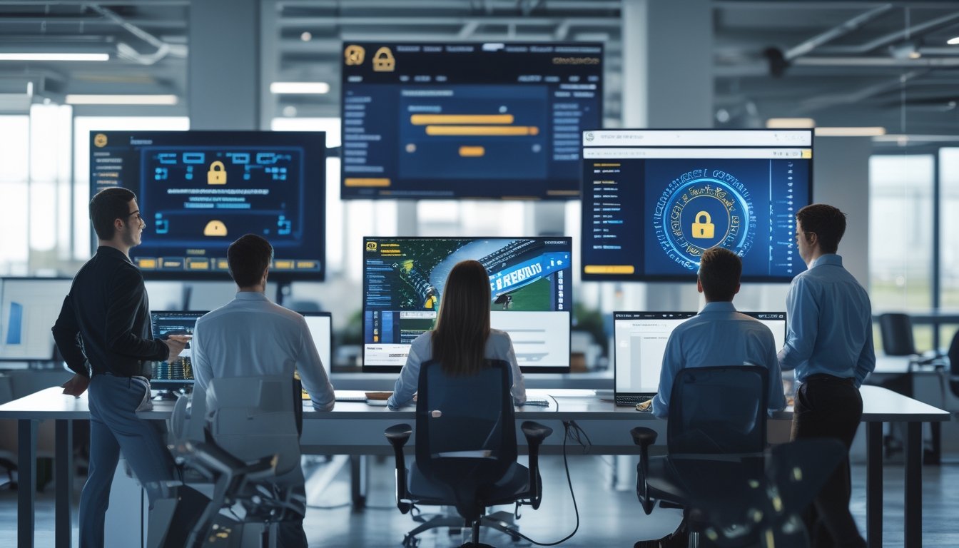 Sekelompok profesional bekerja di kantor modern dengan layar komputer yang menampilkan simbol keamanan data dan transaksi cepat, terkait taruhan pacuan kuda online.