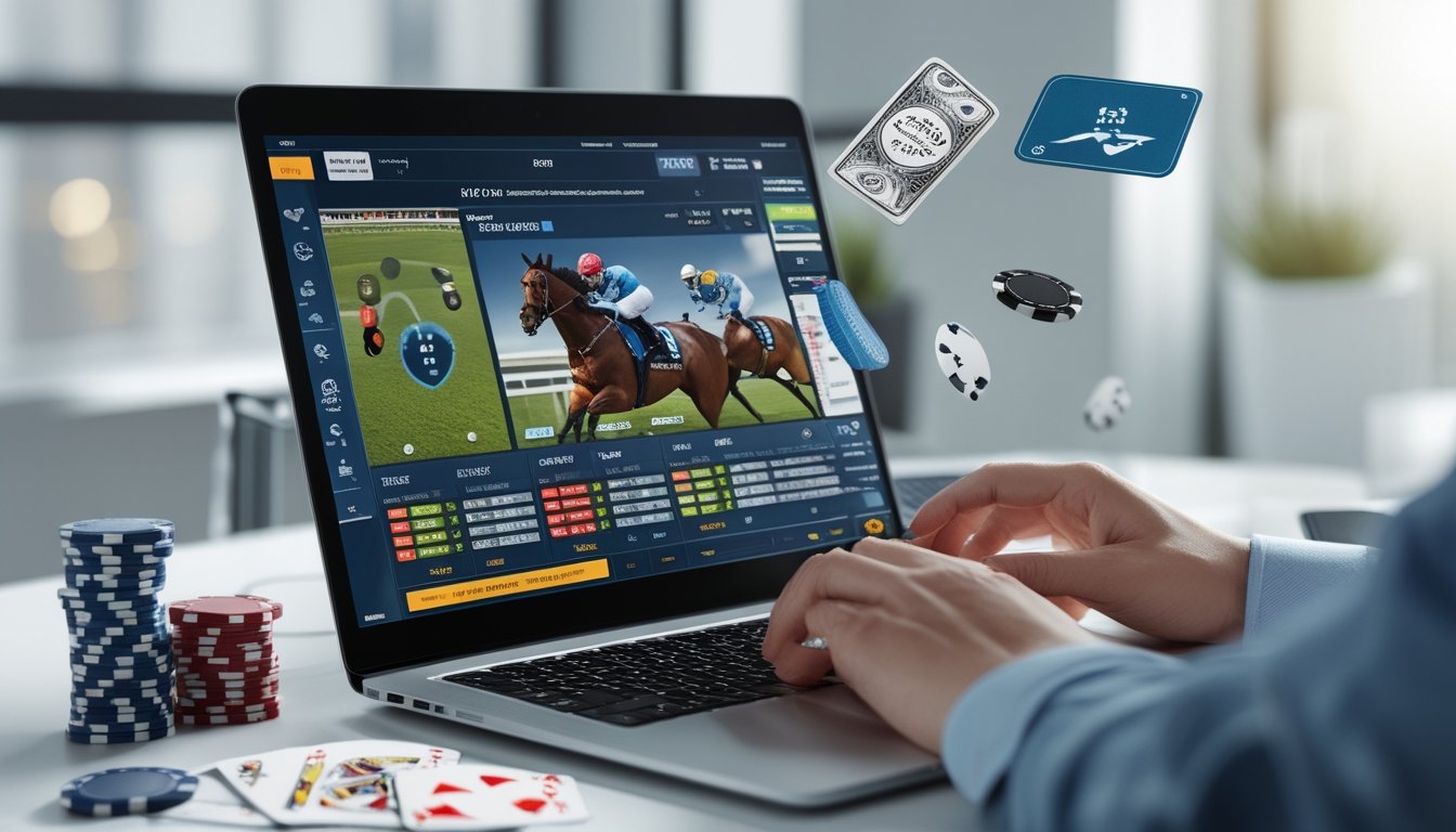 Seseorang menggunakan laptop di meja kerja dengan layar menampilkan taruhan pacuan kuda online, dikelilingi oleh elemen-elemen taruhan lain seperti kartu remi dan chip poker.