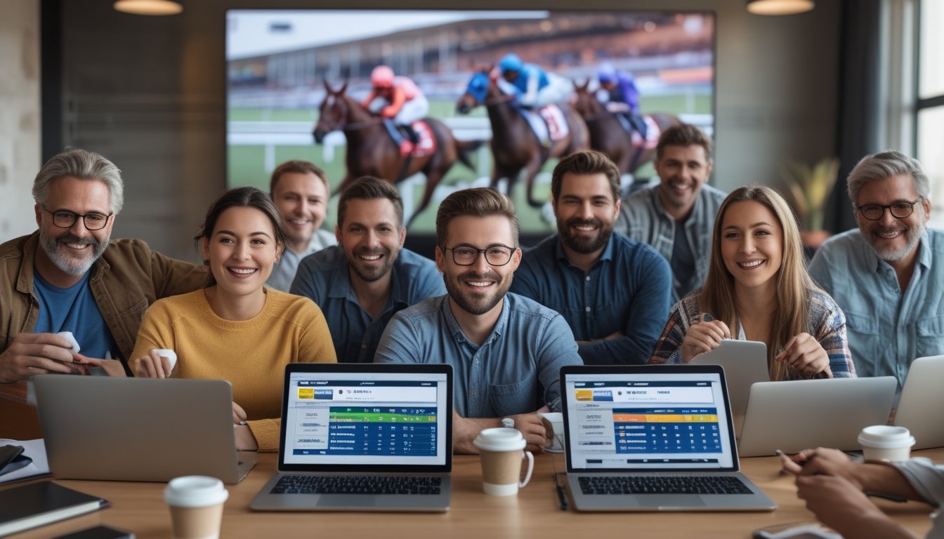 Sekelompok orang menggunakan perangkat digital untuk memasang taruhan pacuan kuda secara online sambil menonton balapan kuda secara langsung di layar besar.