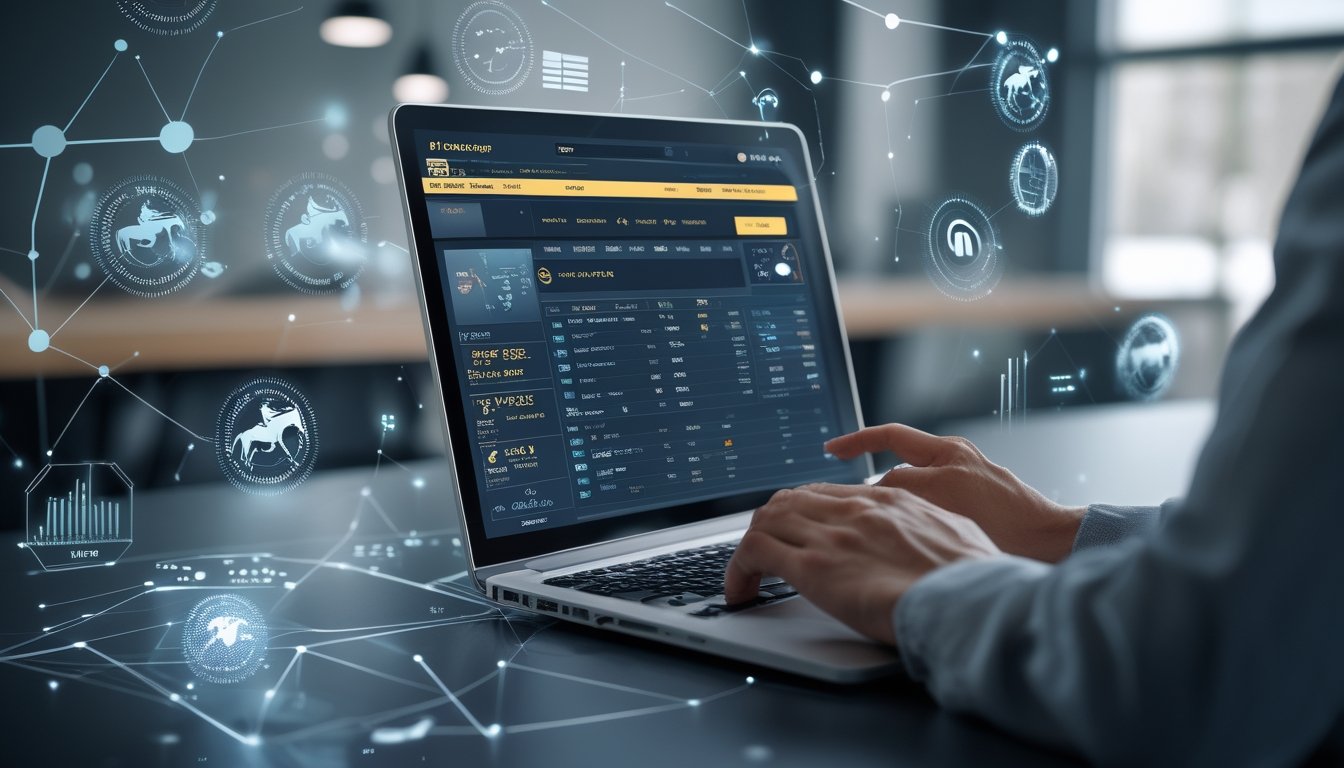 Seseorang menggunakan laptop dengan tampilan situs taruhan pacuan kuda online, dikelilingi oleh elemen teknologi seperti grafik digital dan simbol konektivitas.