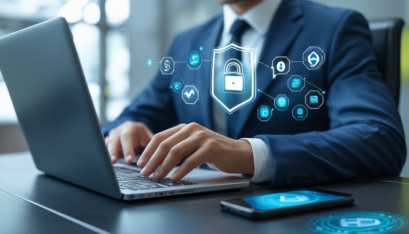 Seorang profesional menggunakan laptop dan ponsel di kantor modern dengan ikon digital yang menggambarkan transaksi cepat dan aman.