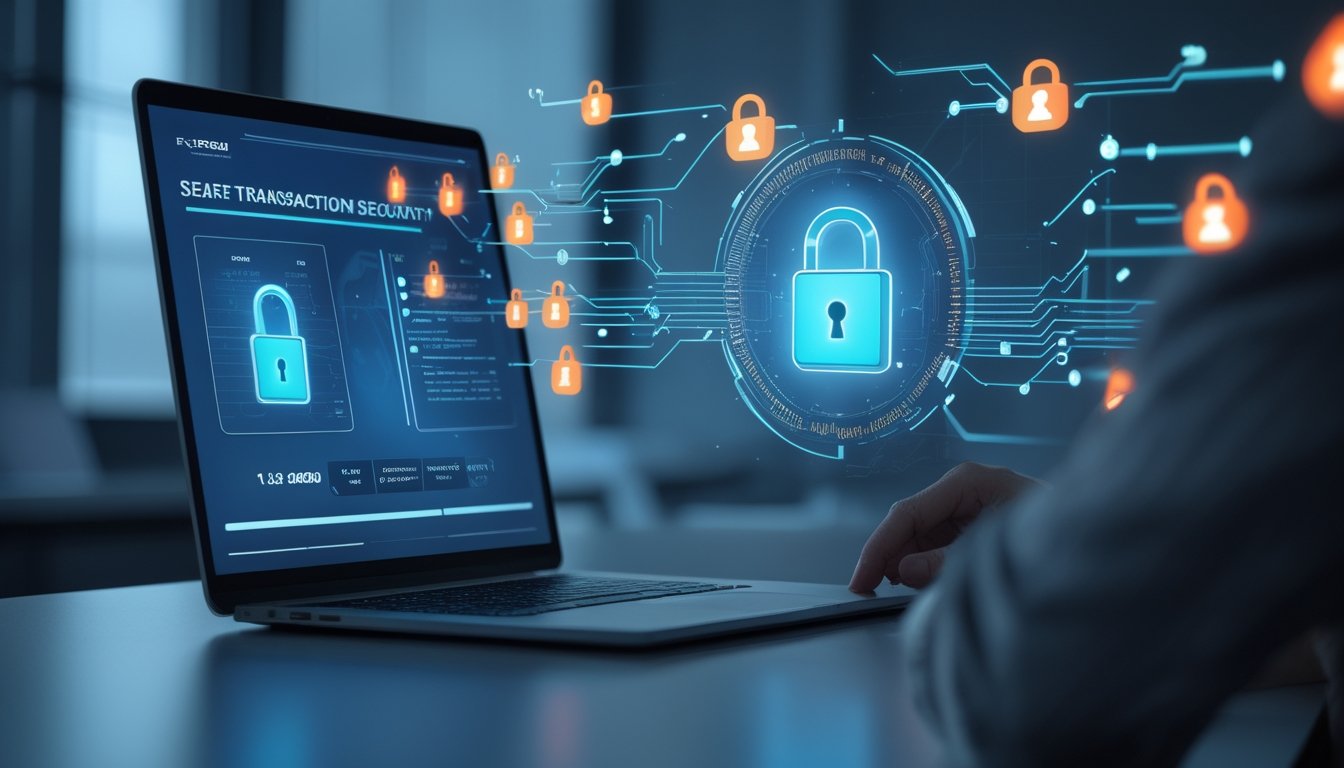 Seorang profesional menggunakan laptop dengan ikon gembok dan grafik digital yang menunjukkan keamanan dan kecepatan transaksi online.
