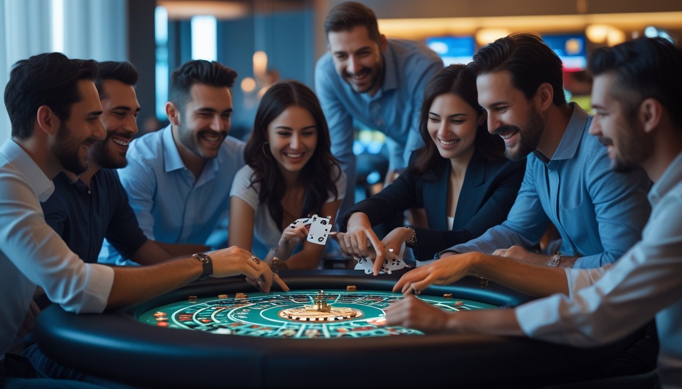 Sekelompok orang sedang bermain permainan judi online dengan suasana nyaman dan antusias di sebuah ruangan modern.