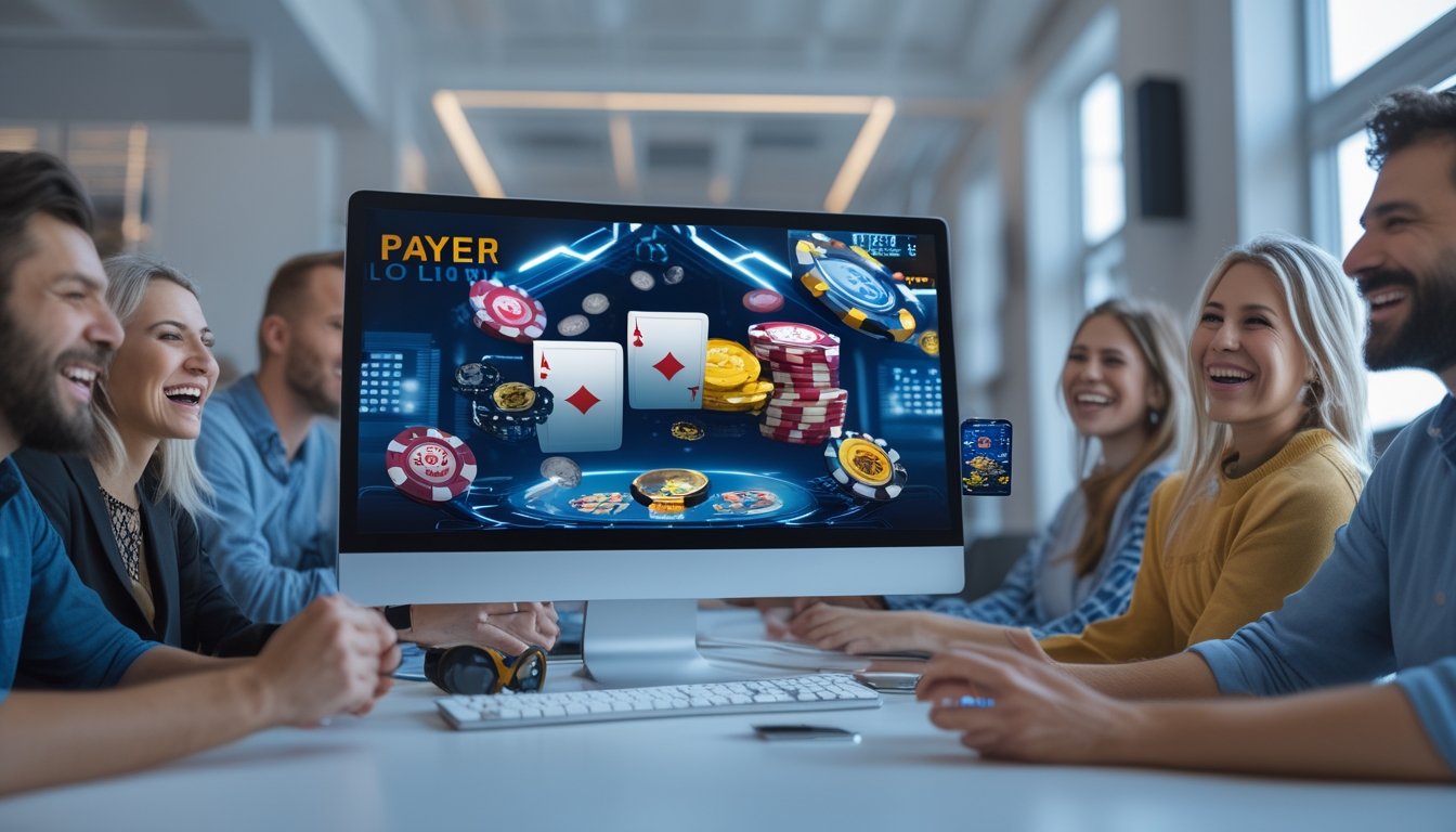 Beberapa pemain dewasa yang bahagia sedang bermain permainan kasino online di komputer dan ponsel di sebuah ruangan modern.