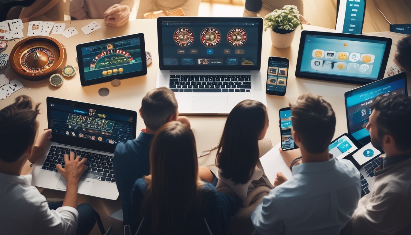 Sekelompok orang bermain berbagai permainan digital di lingkungan yang nyaman dan terang.