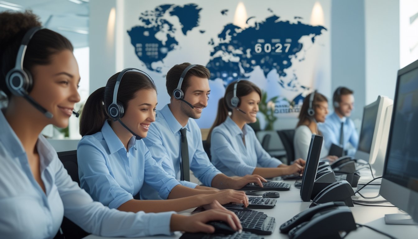 Tim layanan pelanggan yang ramah bekerja di kantor dengan headset dan komputer, menunjukkan layanan 24 jam.