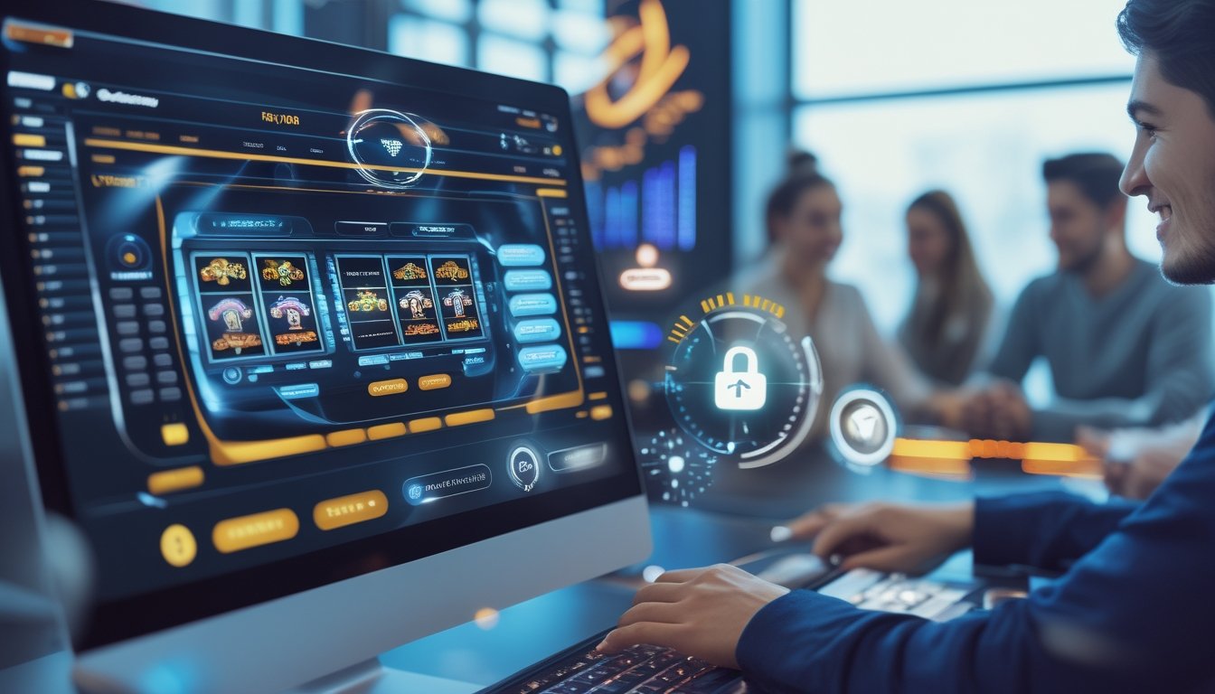 Orang-orang muda menggunakan perangkat digital untuk bermain judi online dengan latar belakang modern dan elemen yang menunjukkan keamanan dan inovasi.