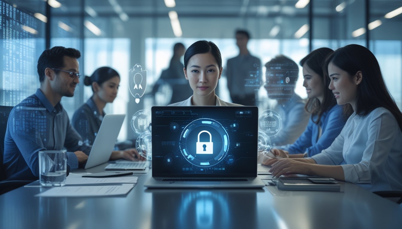 Sekelompok orang bekerja bersama di kantor modern dengan fokus pada keamanan data dan privasi online.