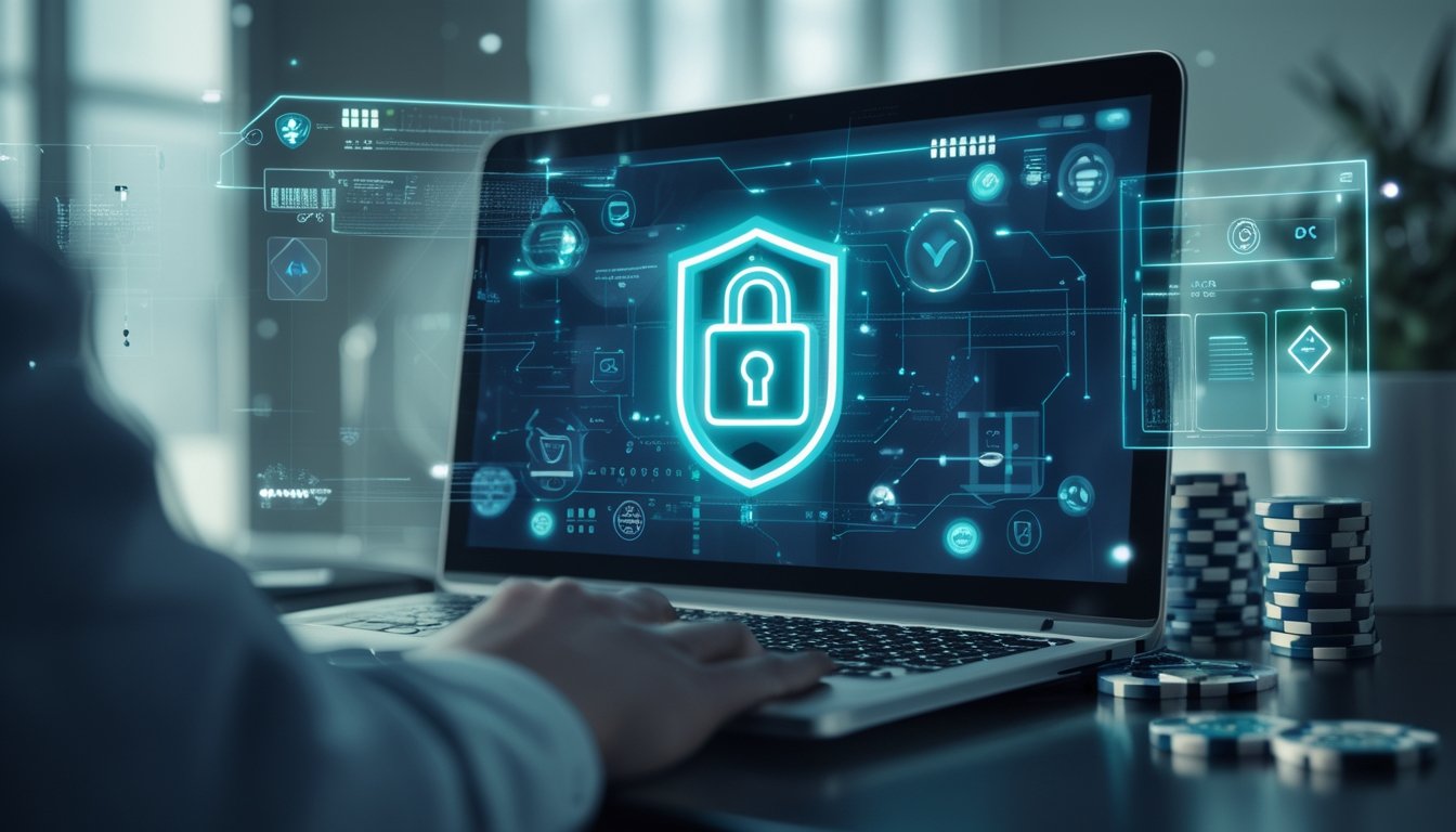 Tampilan antarmuka digital dengan simbol keamanan data seperti gembok dan perisai, serta layar perangkat yang menampilkan platform judi online.