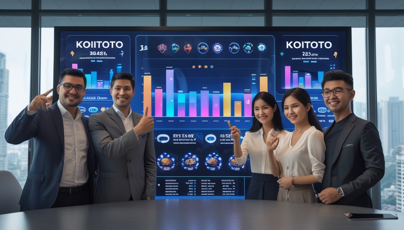 Sekelompok orang beragam sedang berdiskusi di depan layar digital besar dengan grafik dan ikon permainan di sebuah kantor modern dengan pemandangan kota di latar belakang.