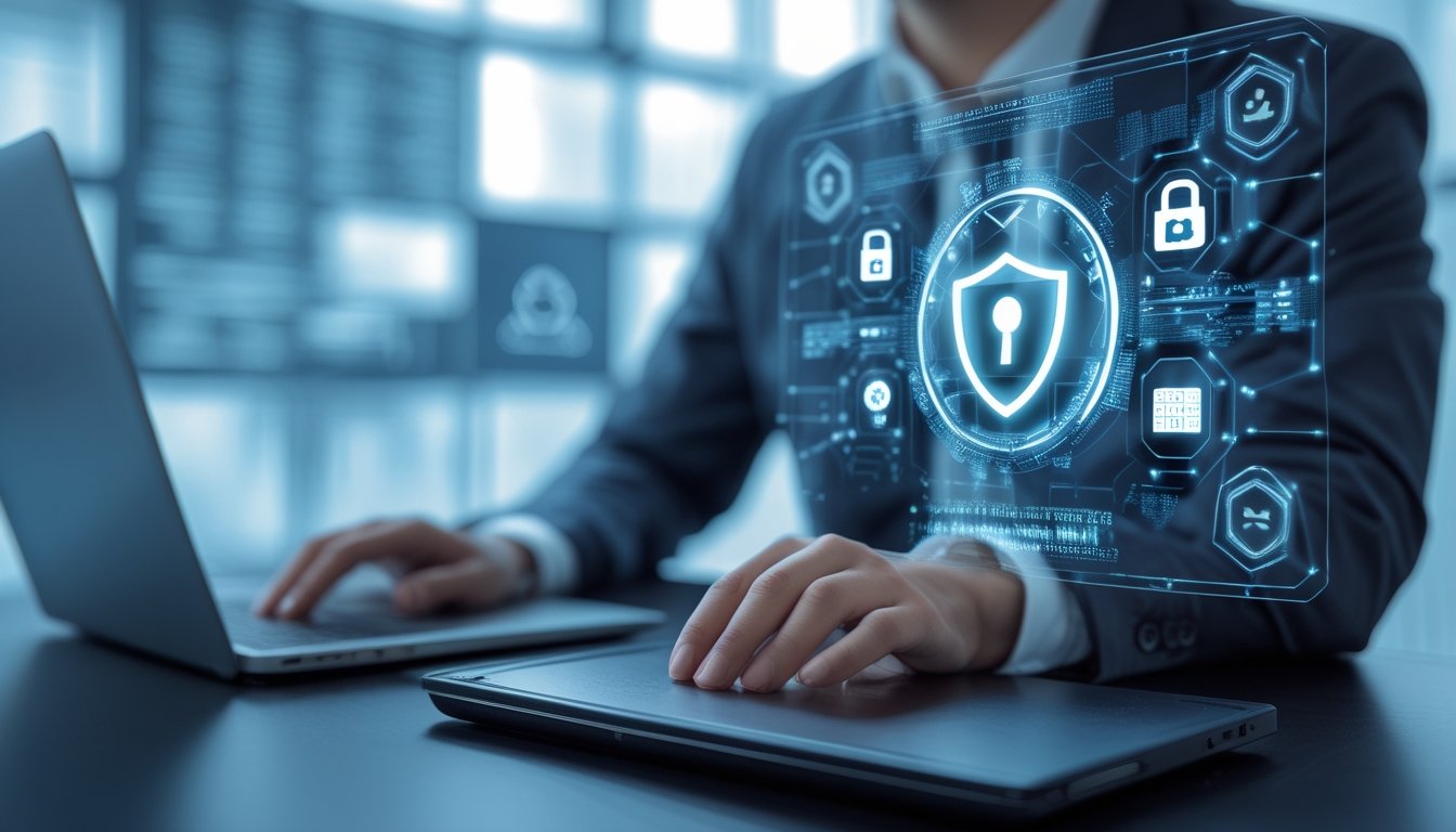 Seorang pria Indonesia bekerja di depan laptop dengan ikon keamanan digital di layar, menunjukkan perlindungan data dalam konteks situs judi online.