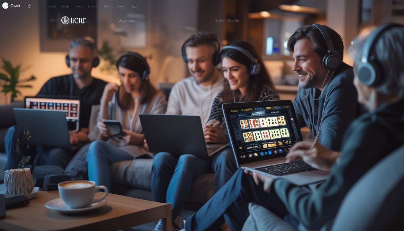 Beberapa orang dewasa santai menggunakan laptop dan ponsel di rumah, menikmati permainan judi online dengan suasana nyaman.