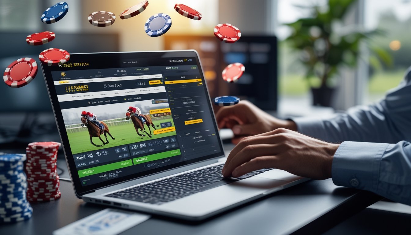 Seseorang menggunakan laptop di meja kerja dengan layar menampilkan situs taruhan pacuan kuda online, dikelilingi oleh simbol taruhan lain yang blur di latar belakang.