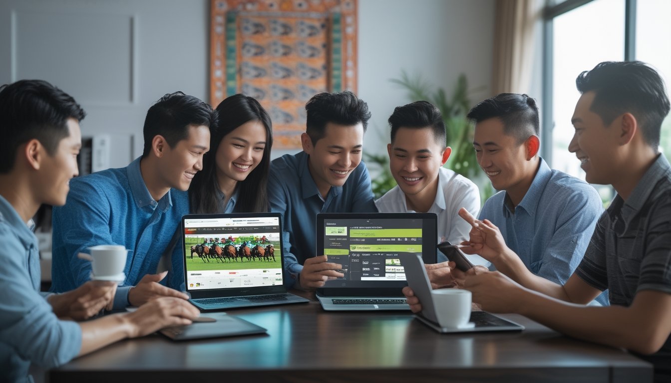 Sekelompok orang Indonesia menggunakan perangkat digital untuk taruhan pacuan kuda online di ruangan modern dengan dekorasi batik.