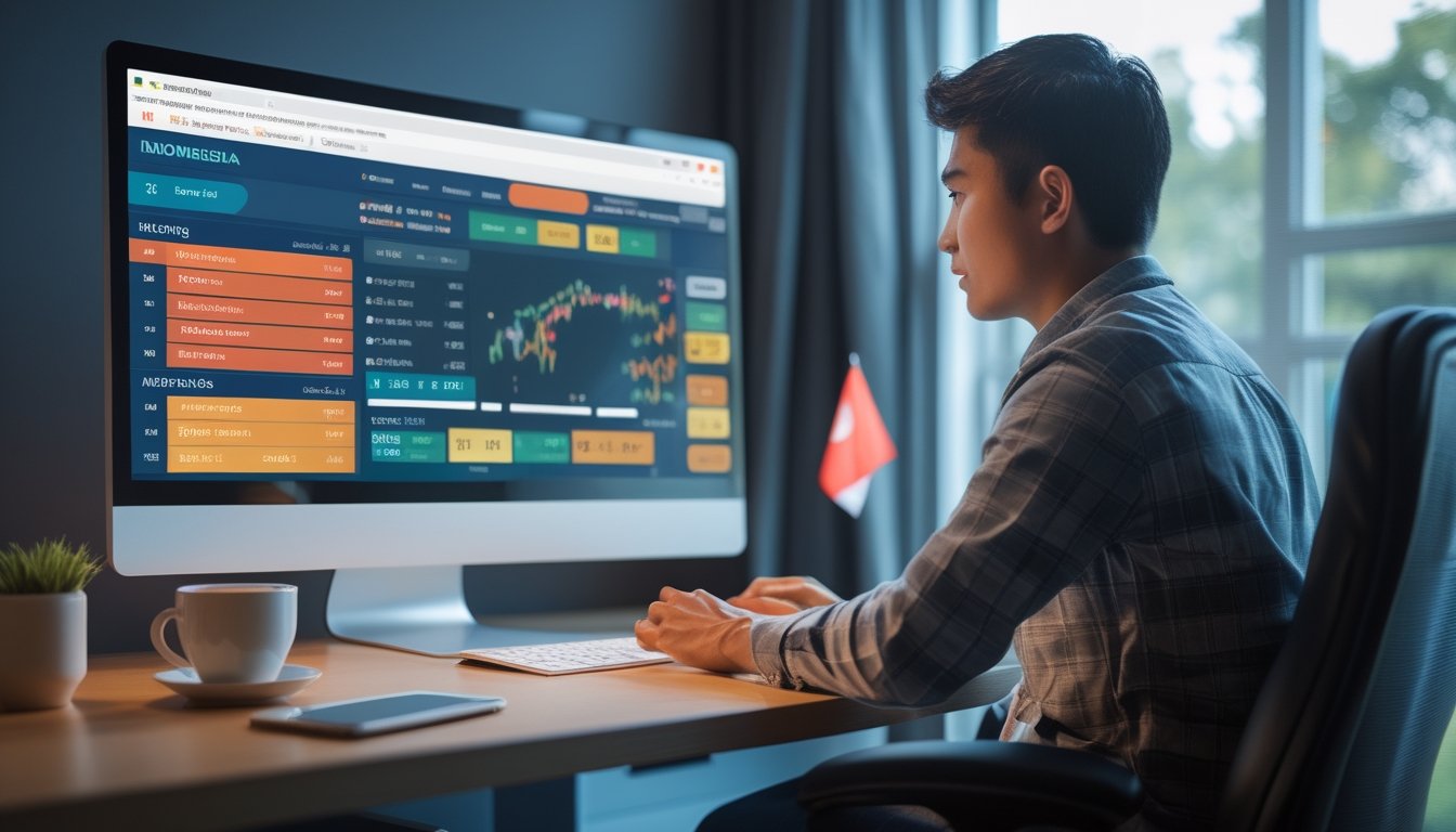 Seorang pria Indonesia duduk di depan komputer di ruang kerja rumah, melihat layar yang menampilkan taruhan pacuan kuda online.