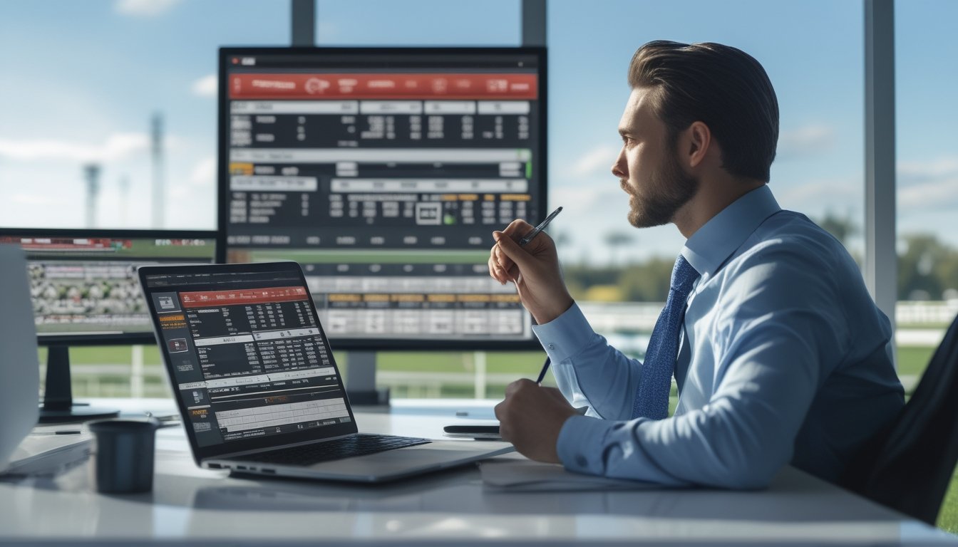 Seorang pria bisnis sedang menganalisis data pacuan kuda di kantor modern dengan layar digital dan pemandangan lintasan pacu kuda di luar jendela.