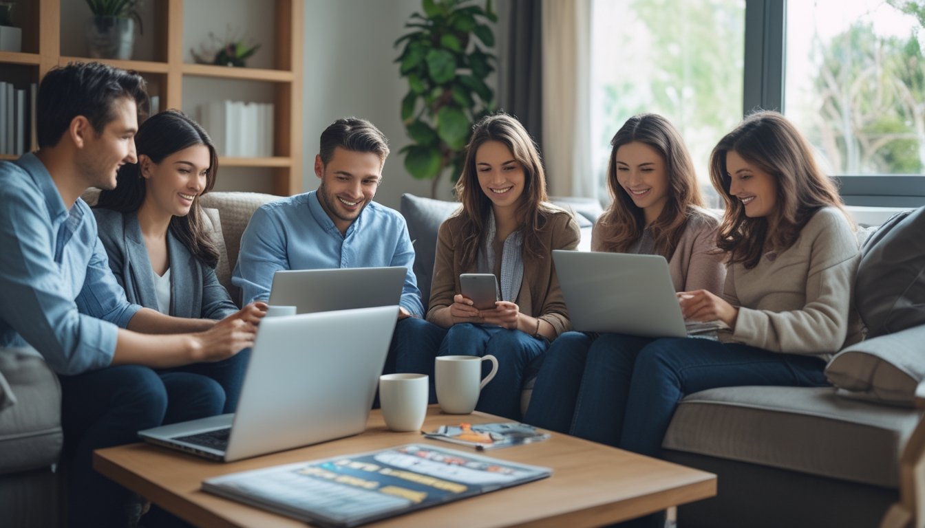 Beberapa orang menggunakan laptop dan ponsel di ruang tamu yang nyaman, terlihat fokus dan senang saat memasang taruhan pacuan kuda secara online.