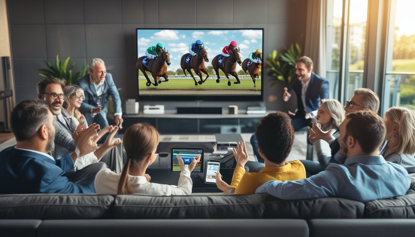Sekelompok orang menonton balapan kuda secara langsung di televisi besar dengan perangkat elektronik di meja, menunjukkan suasana taruhan pacuan kuda modern.