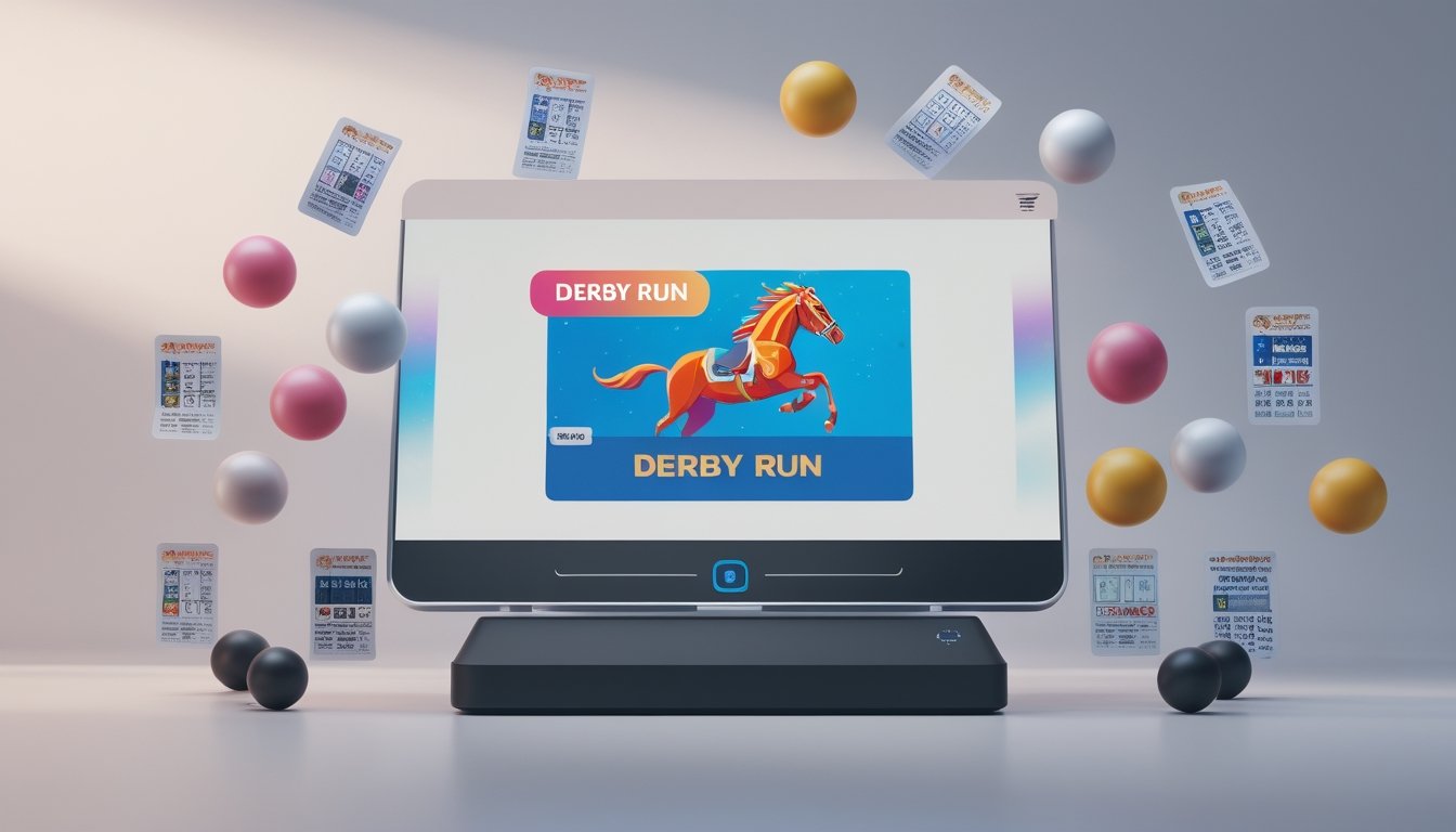 Sebuah layar digital menampilkan grafik balapan kuda dengan elemen-elemen permainan togel di sekitarnya.