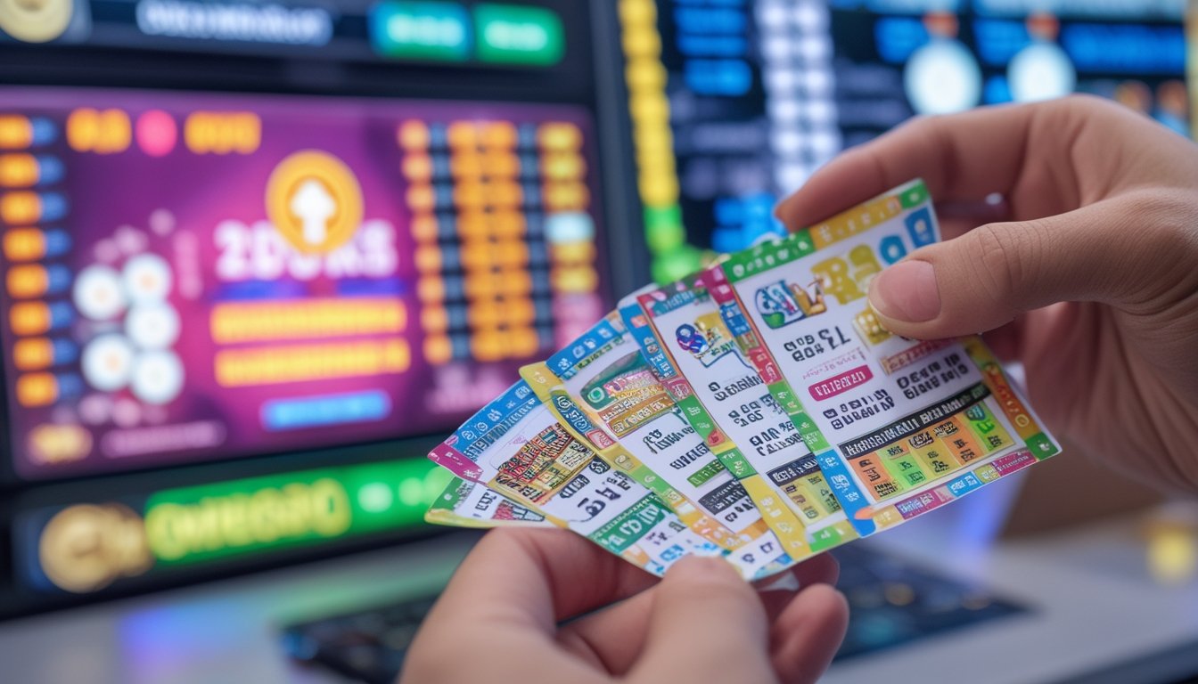 Tangan memegang tiket lotere berwarna-warni dengan latar belakang papan skor digital yang menampilkan hasil undian.