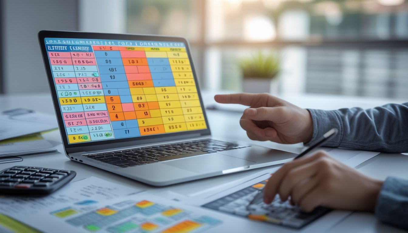 Sebuah meja kerja dengan laptop yang menampilkan grafik dan angka, tangan seseorang menunjuk ke layar sambil memegang pena, menggambarkan proses belajar tentang kombinasi togel 2D dan 3D.