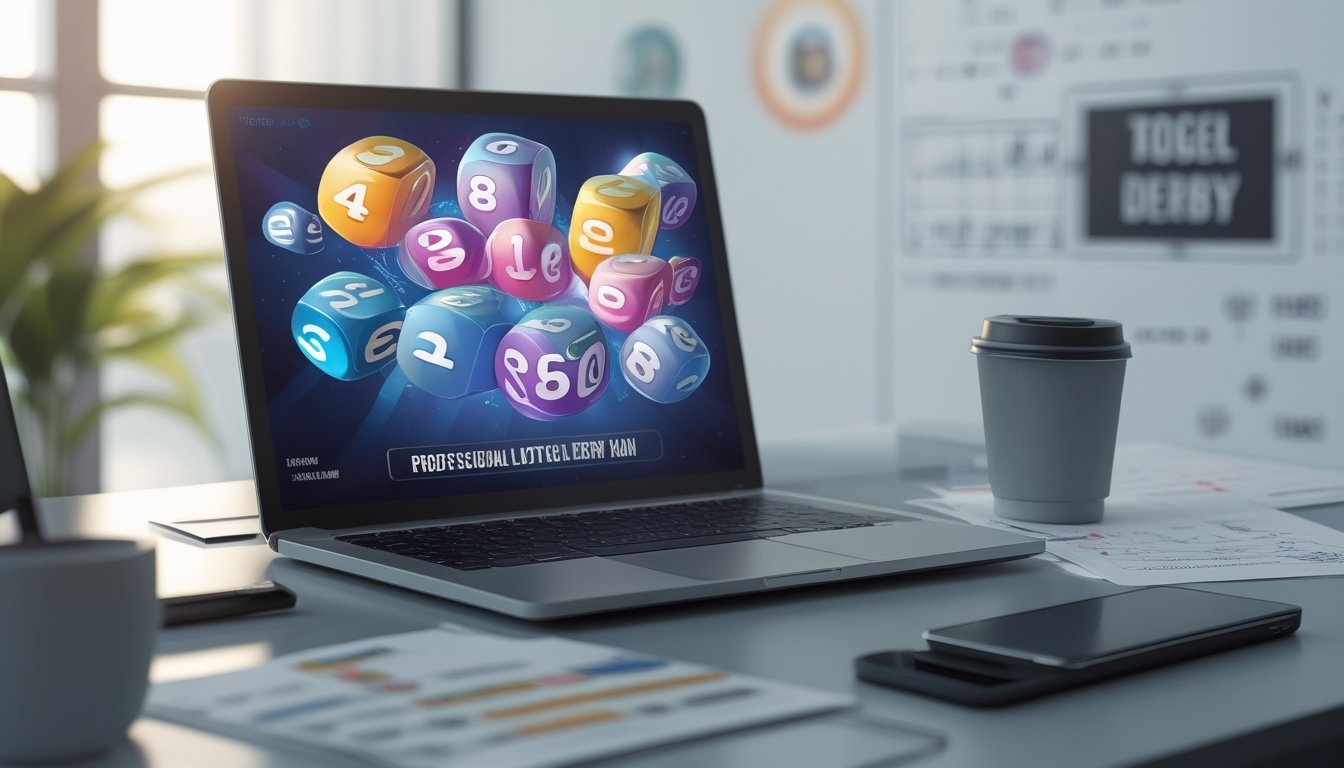 Meja kerja dengan laptop yang menampilkan angka lotre dan catatan strategi permainan Togel Derby Run.