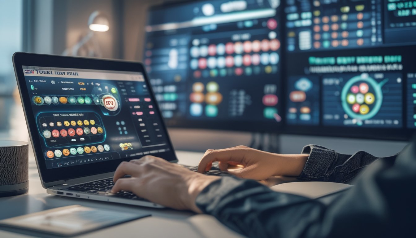 Seorang pengguna komputer sedang bermain togel online dengan layar laptop menampilkan antarmuka permainan dan bola togel di sekitar meja.