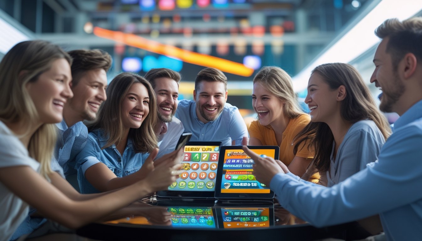 Sekelompok orang sedang bermain permainan togel online Derby Run menggunakan perangkat digital dengan ekspresi antusias dan fokus.